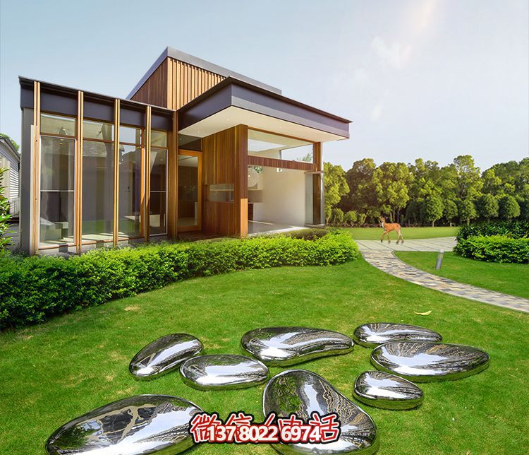 高端室內(nèi)草坪裝飾，不銹鋼雕塑鏡面石頭安放
