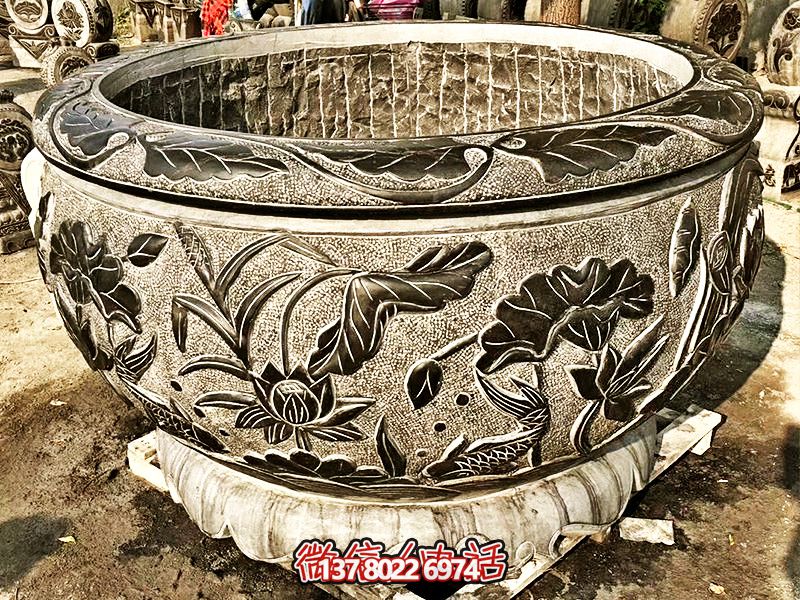 精美大理石浮雕蓮花缸，現(xiàn)代庭院裝飾雕塑