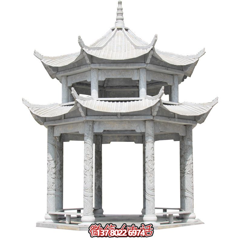 精美大理石雙層柱涼亭，雕塑點(diǎn)綴休息亭