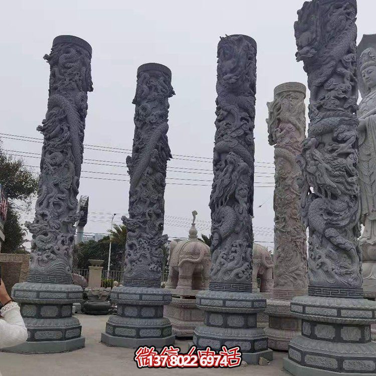 青石浮雕龍柱，精美石雕園林景觀裝飾