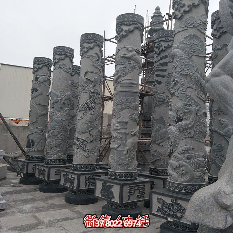 精美石雕十二生肖浮雕，傳承文化，點綴廣場柱子