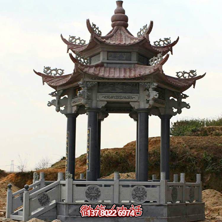 古典風(fēng)格二層涼亭，青石雕刻仿古園林戶外擺放