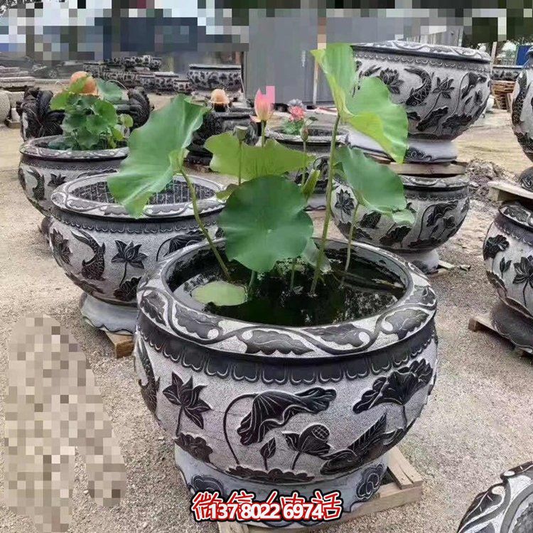 經典荷花石雕浮雕圓形水缸，裝點您的庭院