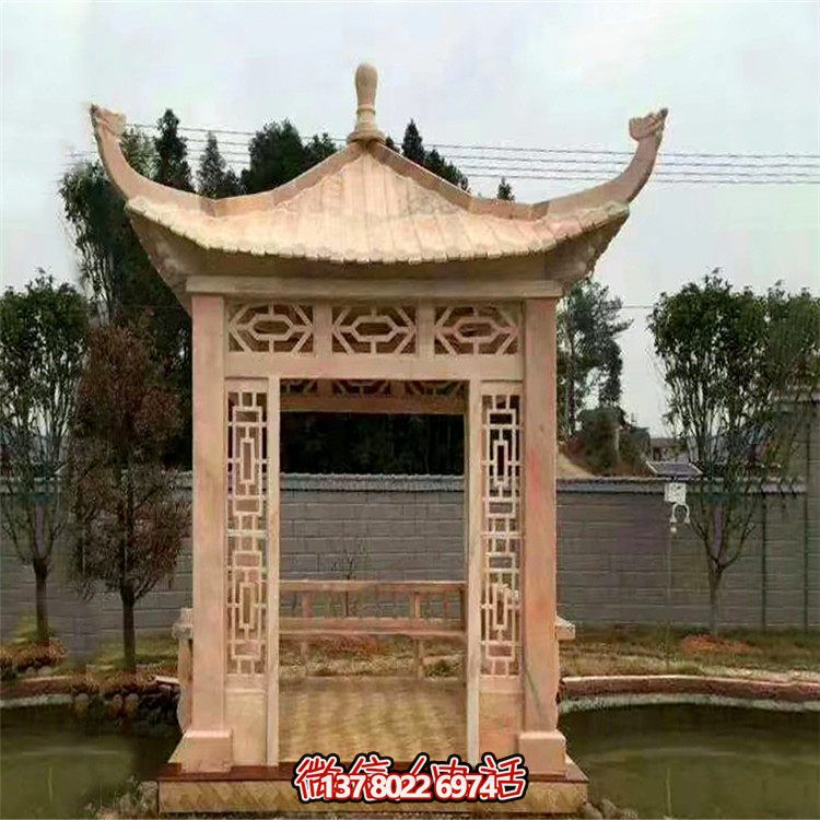 紅石雕鏤涼亭，晚霞中空中創(chuàng)意雕塑