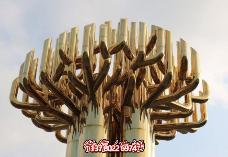 不銹鋼大樹雕塑，金色噴涂