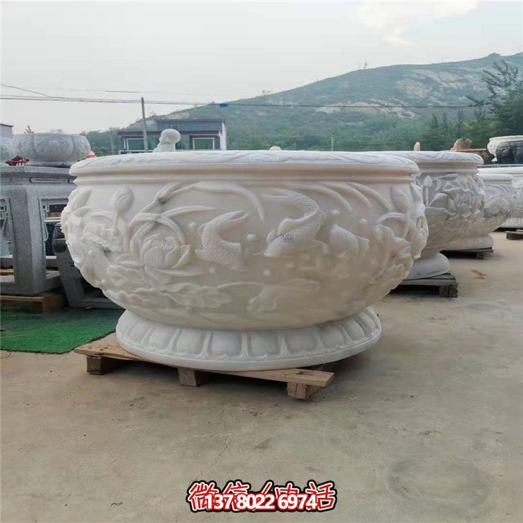古典經(jīng)典，漢白玉鯉魚雕刻圓形水缸