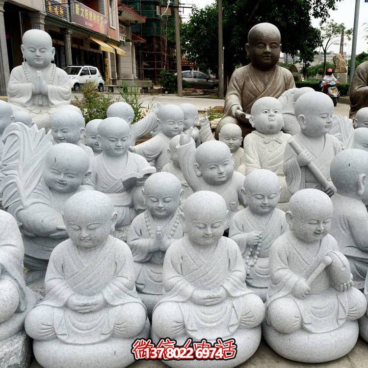 天然砂巖雕刻小沙彌擺件，美麗景致精美寺院家居裝飾