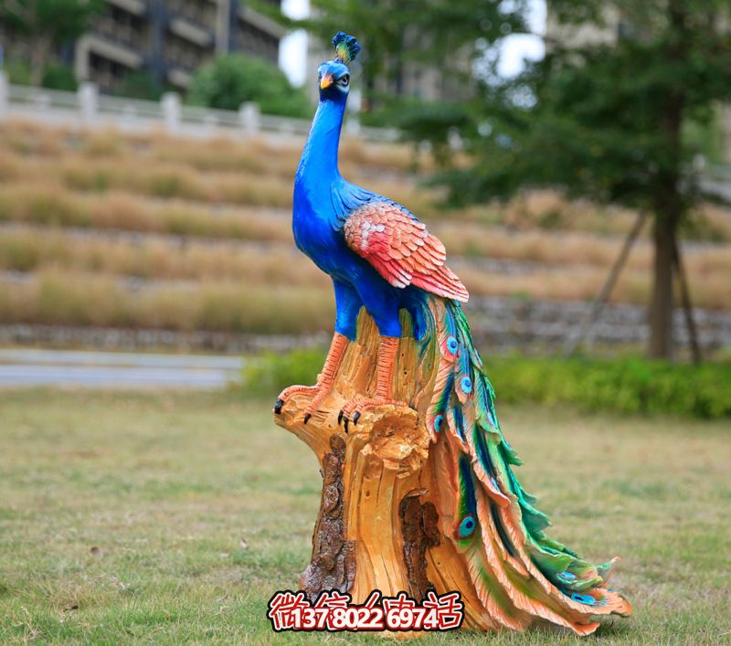 彩繪孔雀玻璃鋼雕塑，為公園街道擺放添彩