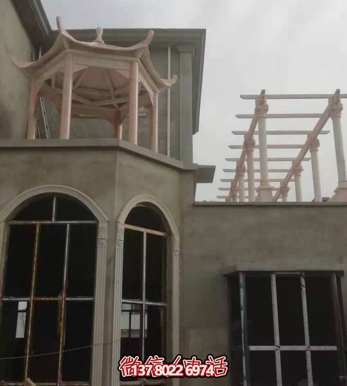 別墅陽(yáng)臺(tái)擺放晚霞紅石雕長(zhǎng)廊花架仿古六角涼亭