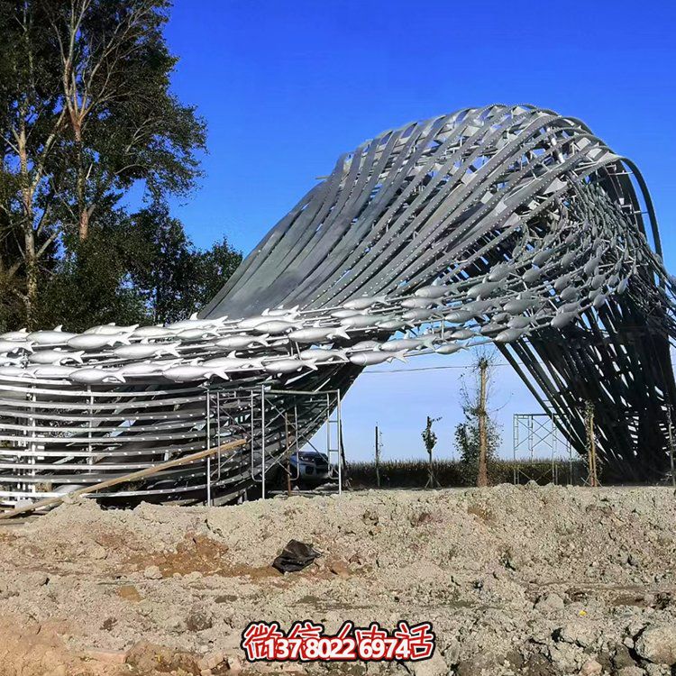 沖浪魚群、水波不銹鋼景觀雕塑