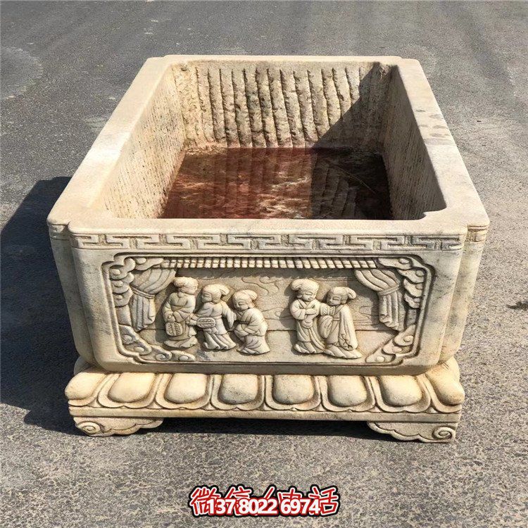 中式庭院擺放大理石浮雕長(zhǎng)形養(yǎng)魚老石槽水缸