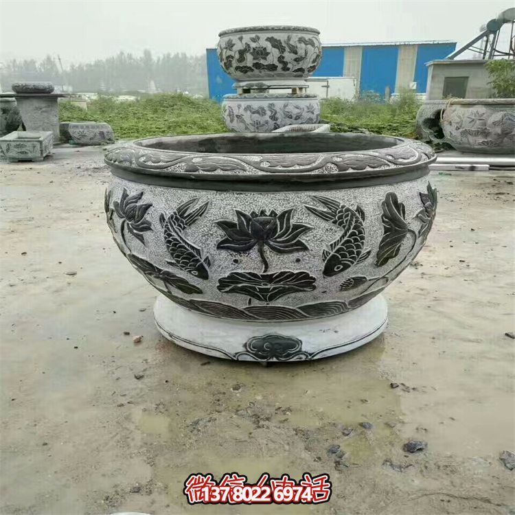 庭院青石石雕雙魚蓮花花盆雕塑 庭院青石石雕雙魚蓮花花盆雕塑