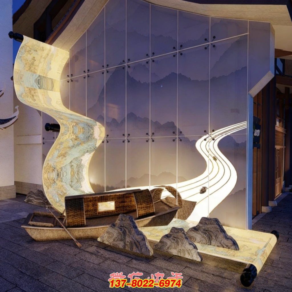 《絲路舟行》石雕與不銹鋼結(jié)合景觀雕塑